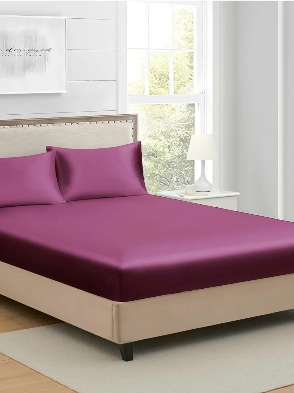 Satin Queen Fitted Sheet, Deep Pocket, Purple, Silky, Cooling, Wrinkle Free